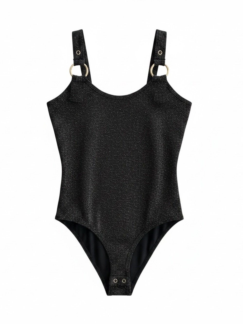 Fct Basics black shimmer bodysuit with gold metal rings and adjustable straps M